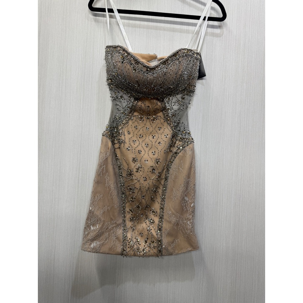 Terani Couture Nude Lace Beaded Sequin Strapless Mini Cocktail Dress NWT